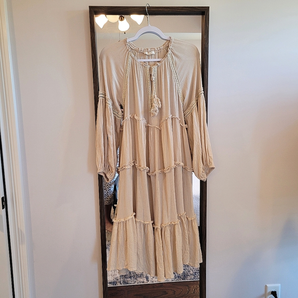 By Together Cream Beige Neutral Long Sleeve Tiered Dress Boho Prairie Cottage